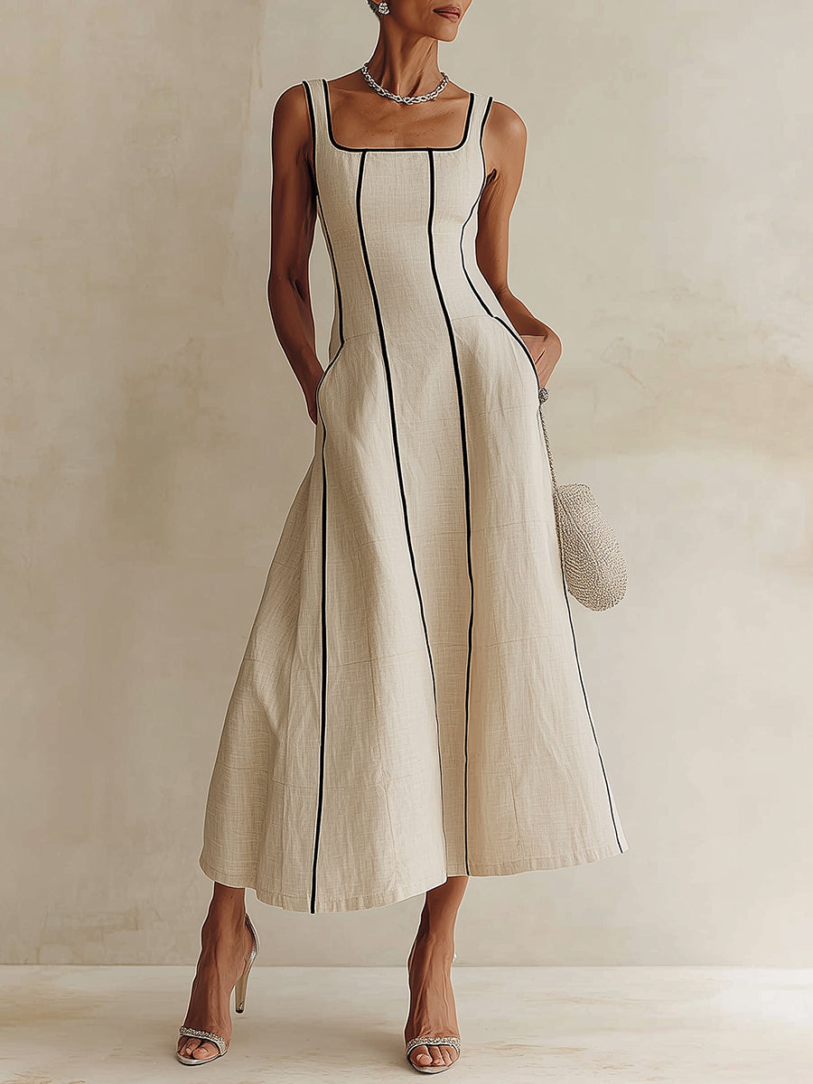 Apricot Minimalist Black Striped A-Line Maxi Dress