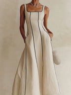 Apricot Minimalist Black Striped A-Line Maxi Dress