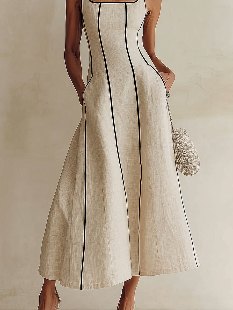 Apricot Minimalist Black Striped A-Line Maxi Dress