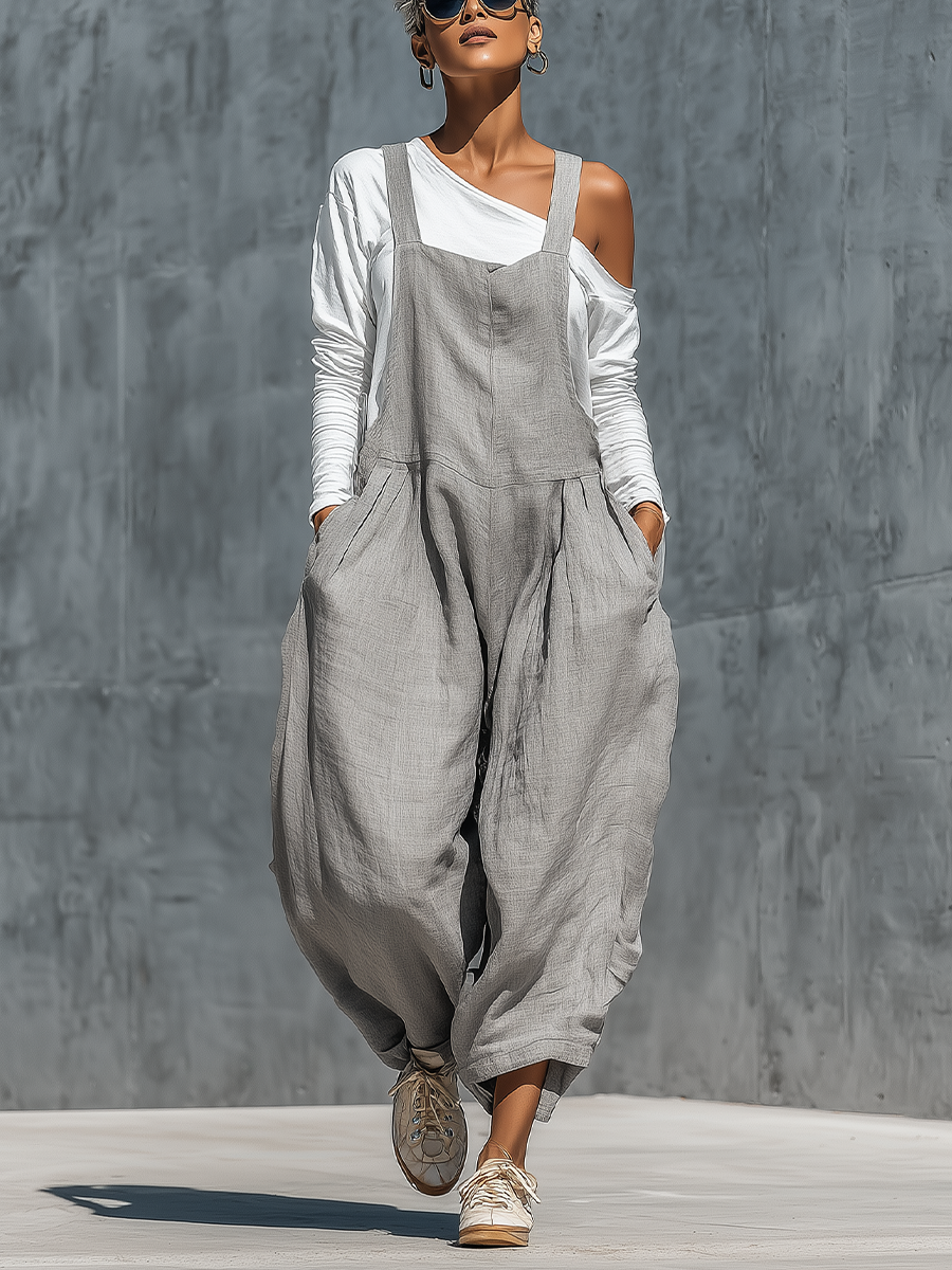 Gray Cotton-linen blend Loose Fit Pocket Wide Leg Overalls With A White Base Layer Two Piece Set
