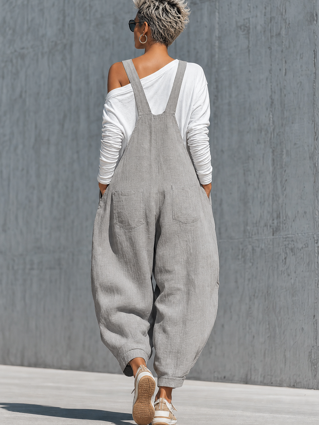 Gray Cotton-linen blend Loose Fit Pocket Wide Leg Overalls With A White Base Layer Two Piece Set