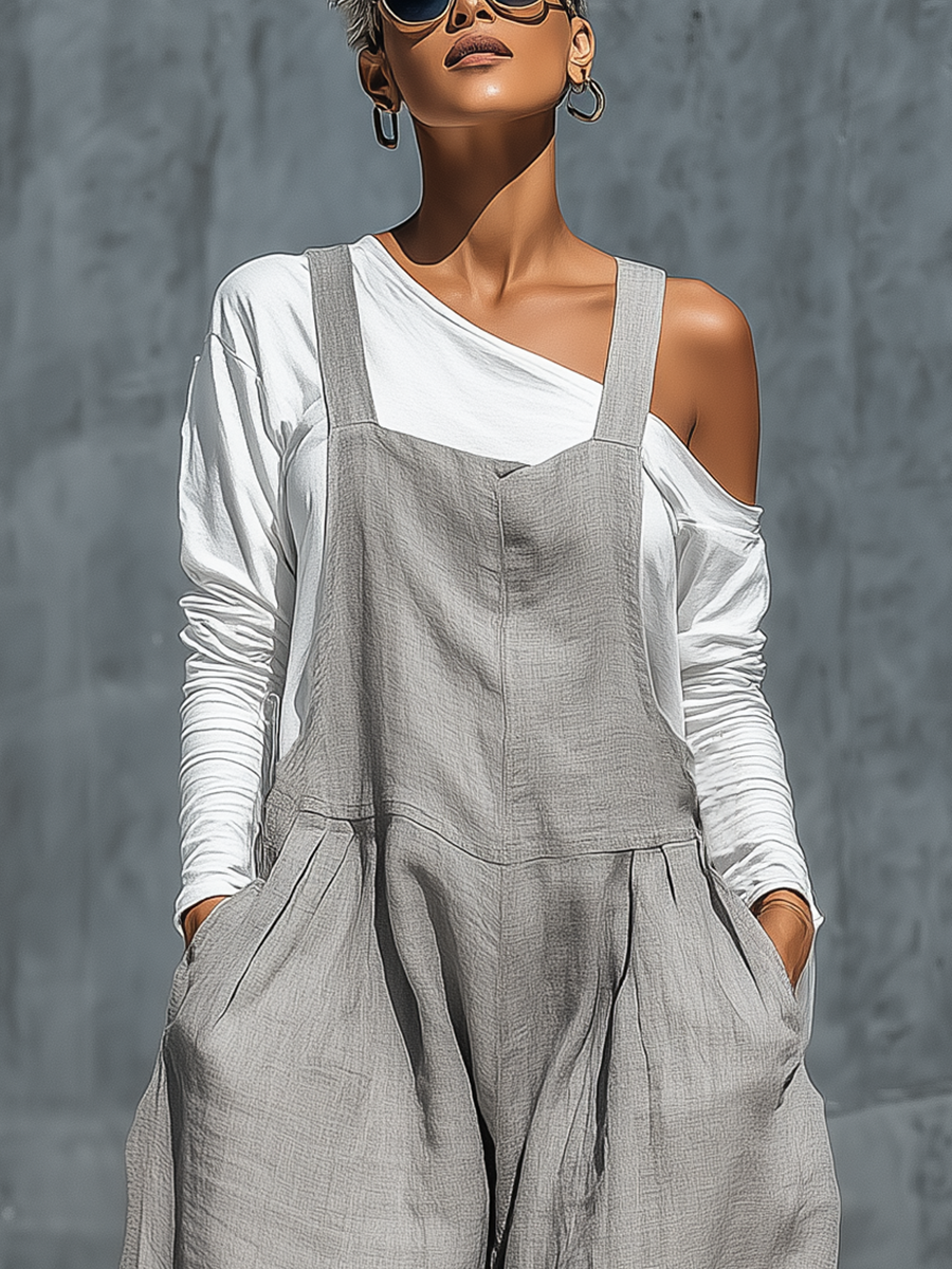 Gray Cotton-linen blend Loose Fit Pocket Wide Leg Overalls With A White Base Layer Two Piece Set