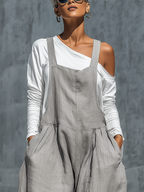 Gray Cotton-linen blend Loose Fit Pocket Wide Leg Overalls With A White Base Layer Two Piece Set