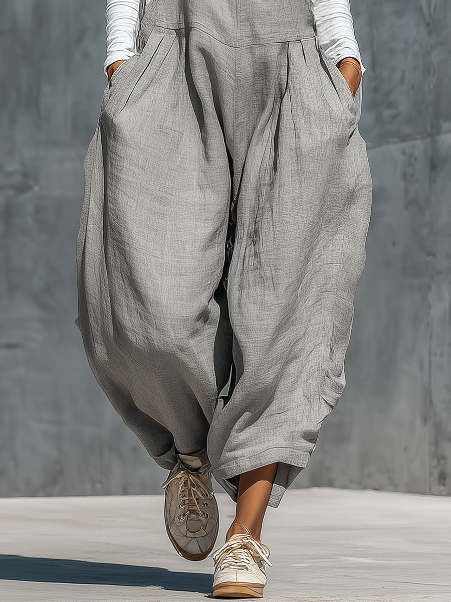 Gray Cotton-linen blend Loose Fit Pocket Wide Leg Overalls With A White Base Layer Two Piece Set