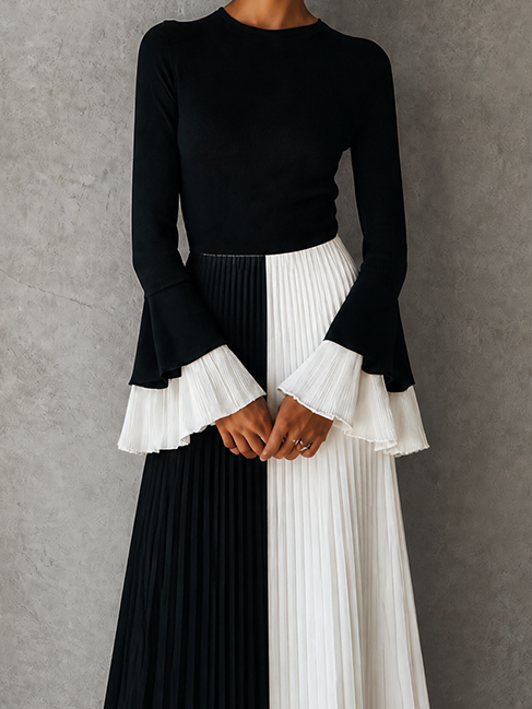 Black White Color Block Long Sleeve Tiered Flare Cuff Pleated Midi Dress