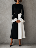 Black White Color Block Long Sleeve Tiered Flare Cuff Pleated Midi Dress