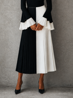 Black White Color Block Long Sleeve Tiered Flare Cuff Pleated Midi Dress