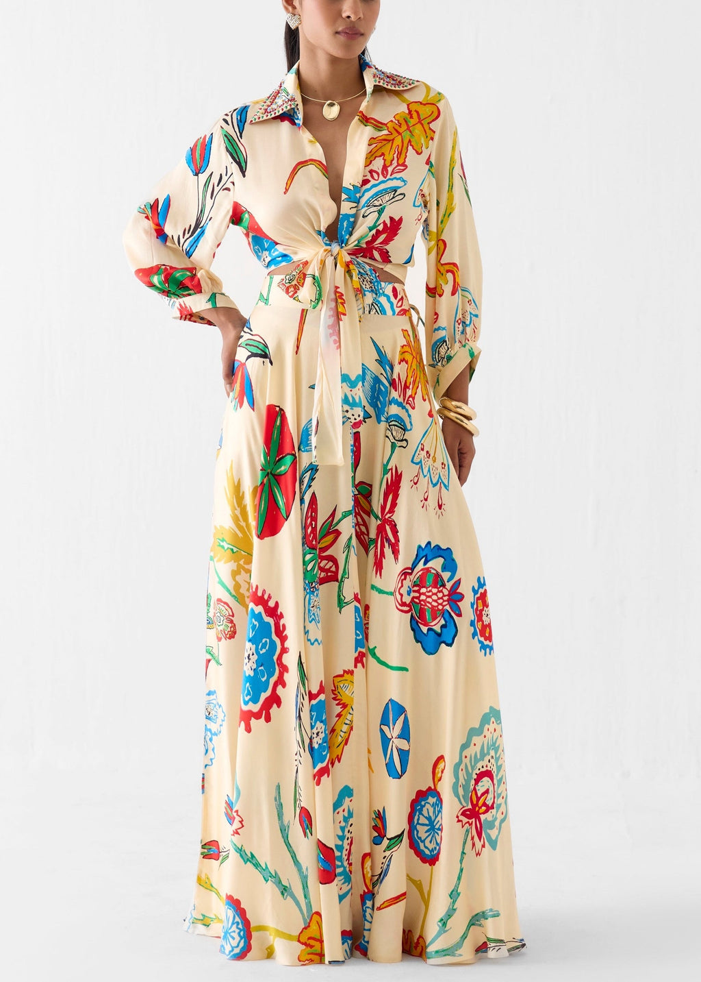 Vacation Tropical Floral Print Waist Tie Shirt & Maxi Skirt Boho Two Piece Set