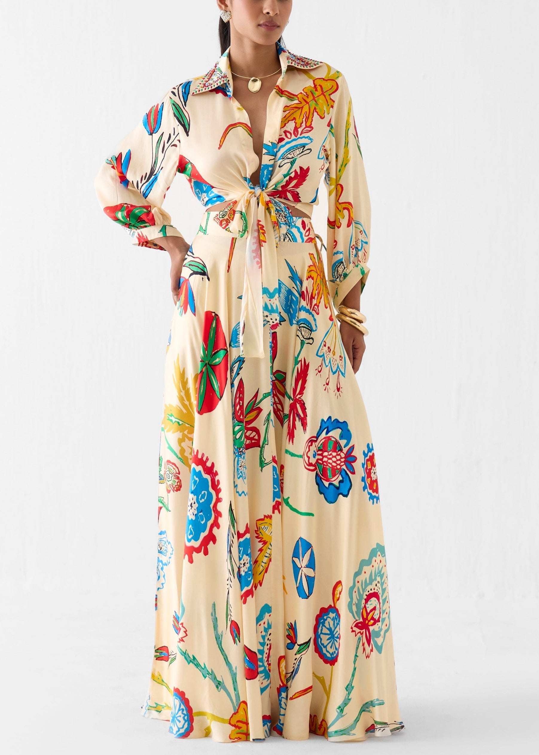 Vacation Tropical Floral Print Waist Tie Shirt & Maxi Skirt Boho Two Piece Set
