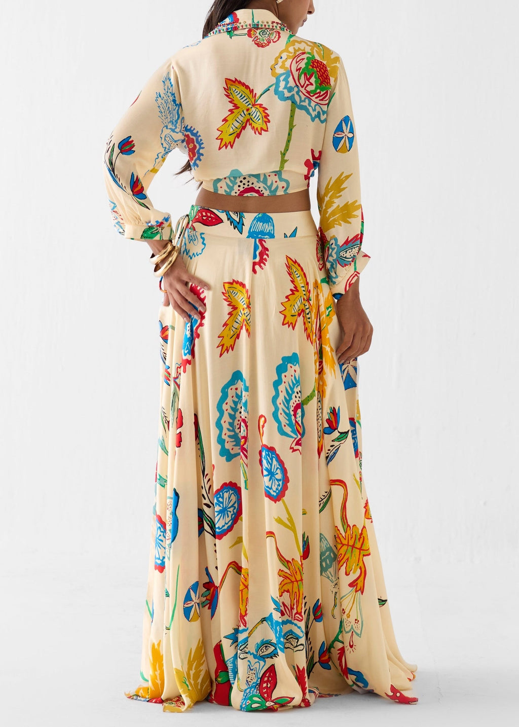 Vacation Tropical Floral Print Waist Tie Shirt & Maxi Skirt Boho Two Piece Set