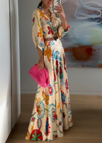 Vacation Tropical Floral Print Waist Tie Shirt & Maxi Skirt Boho Two Piece Set