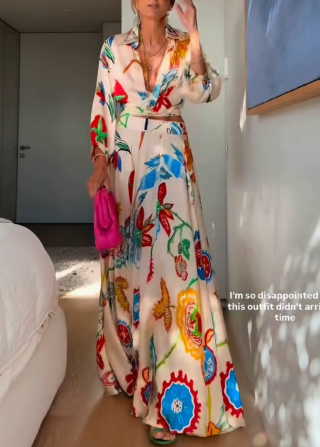 Vacation Tropical Floral Print Waist Tie Shirt & Maxi Skirt Boho Two Piece Set
