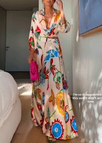 Vacation Tropical Floral Print Waist Tie Shirt & Maxi Skirt Boho Two Piece Set