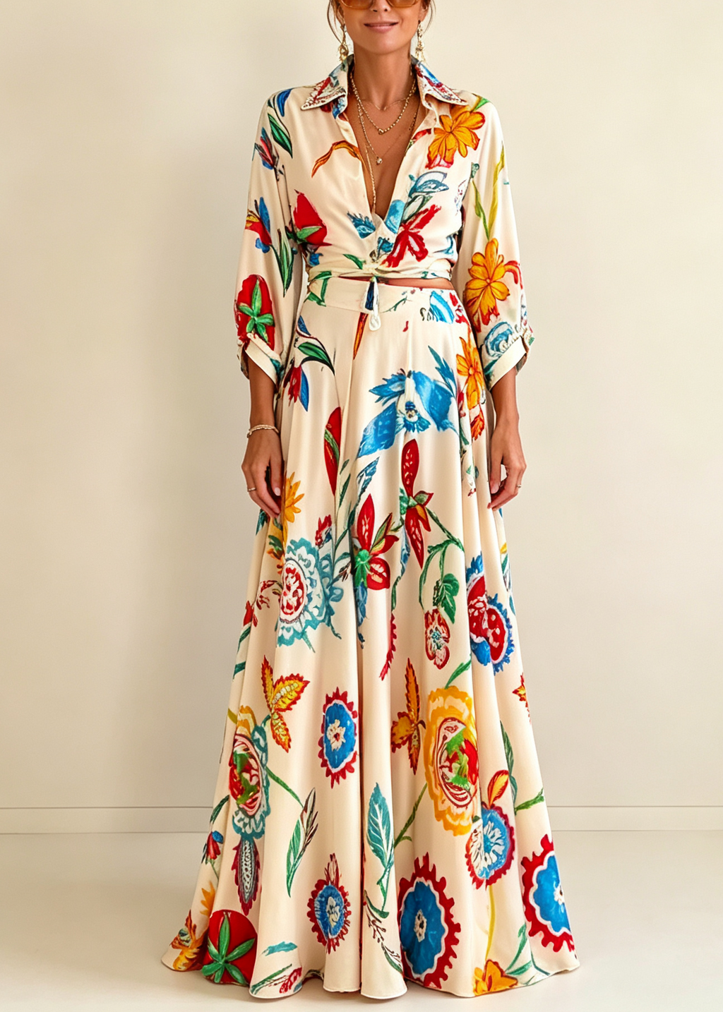 Vacation Tropical Floral Print Waist Tie Shirt & Maxi Skirt Boho Two Piece Set