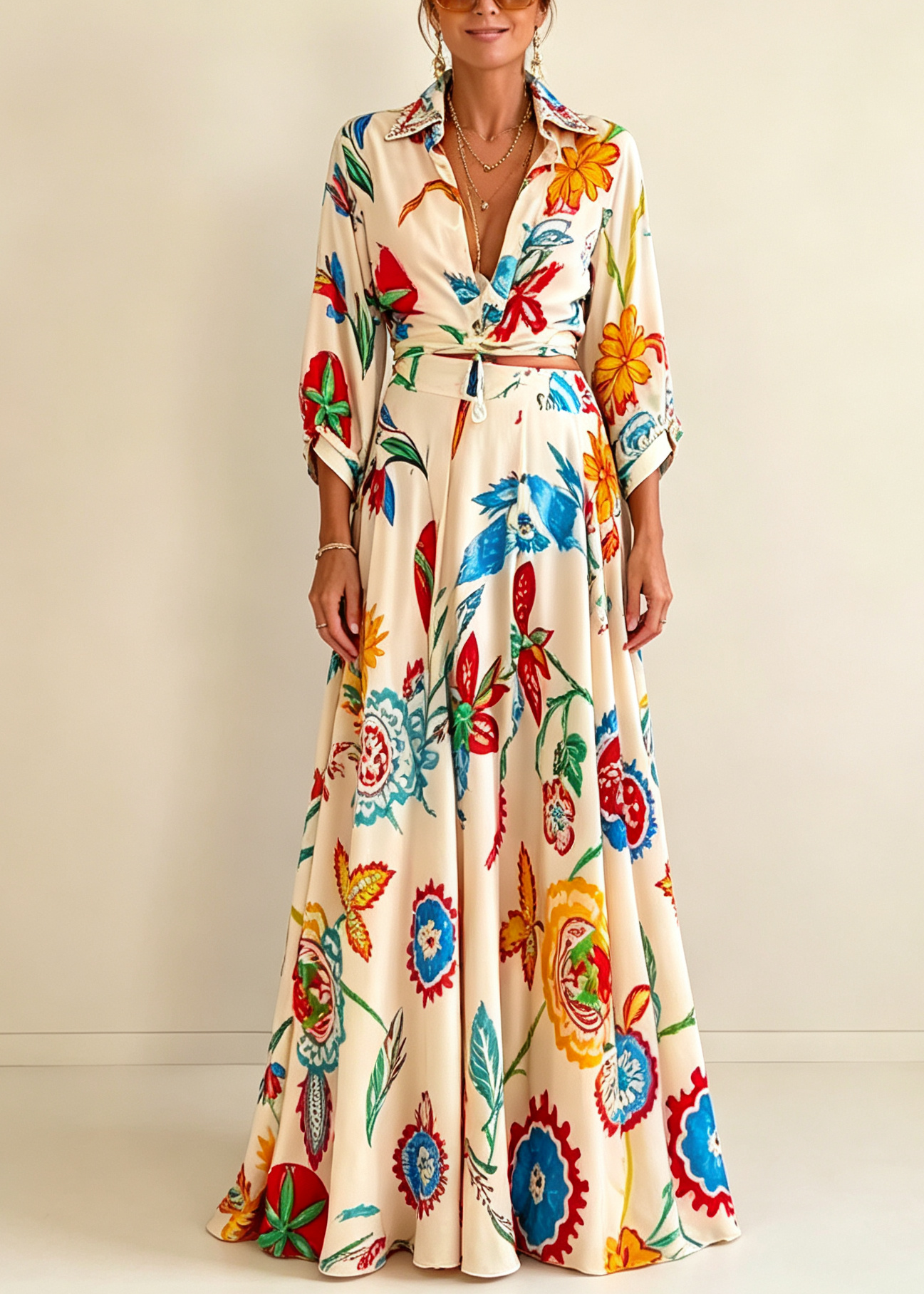 Vacation Tropical Floral Print Waist Tie Shirt & Maxi Skirt Boho Two Piece Set