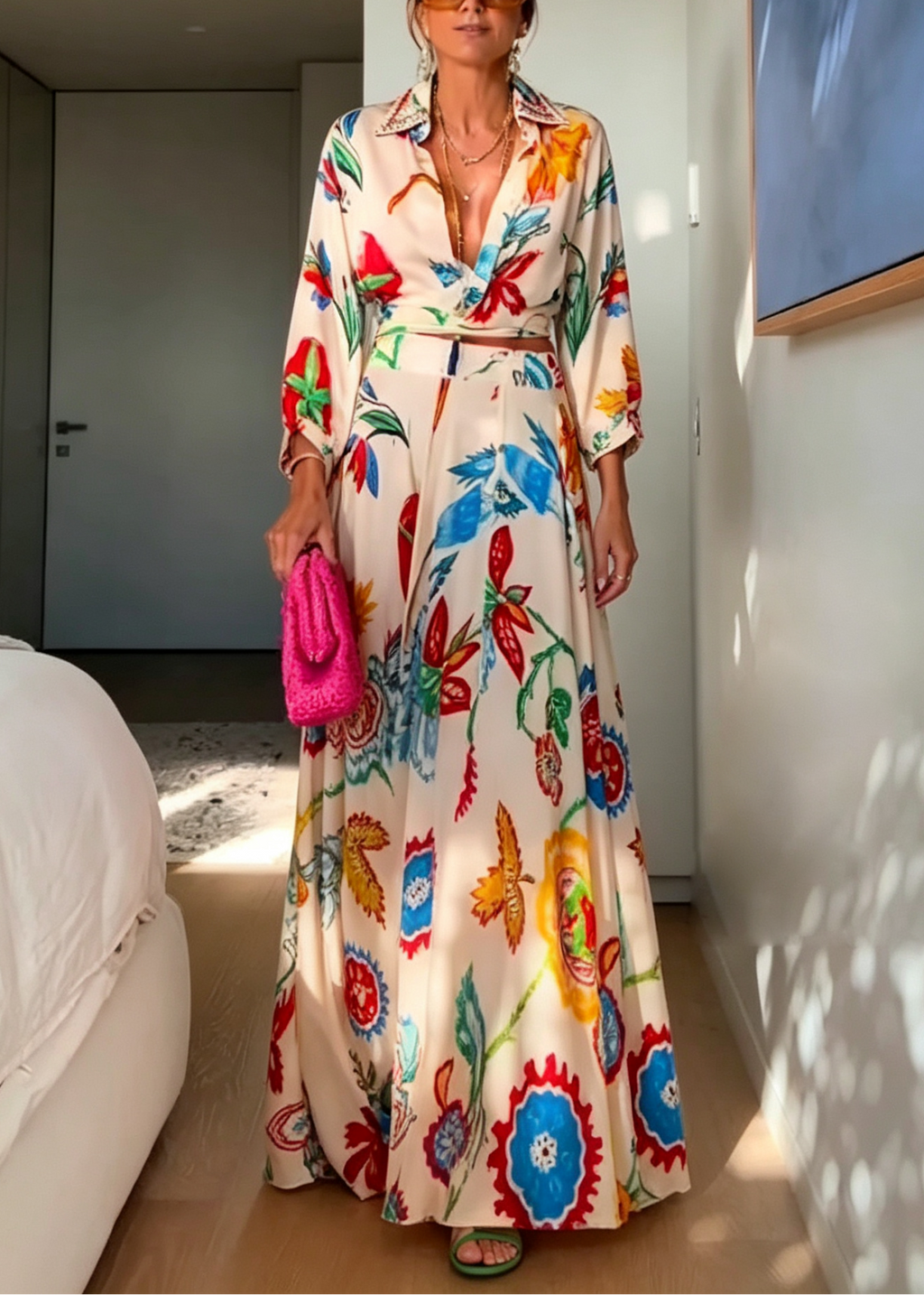 Vacation Tropical Floral Print Waist Tie Shirt & Maxi Skirt Boho Two Piece Set