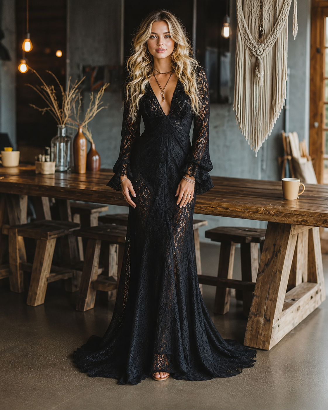 Gothic Black Lace Fitted V-Neck Flared Sleeve Maxi Dress