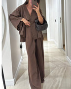 Casual V-Neck Top & Pants Two-Piece Set