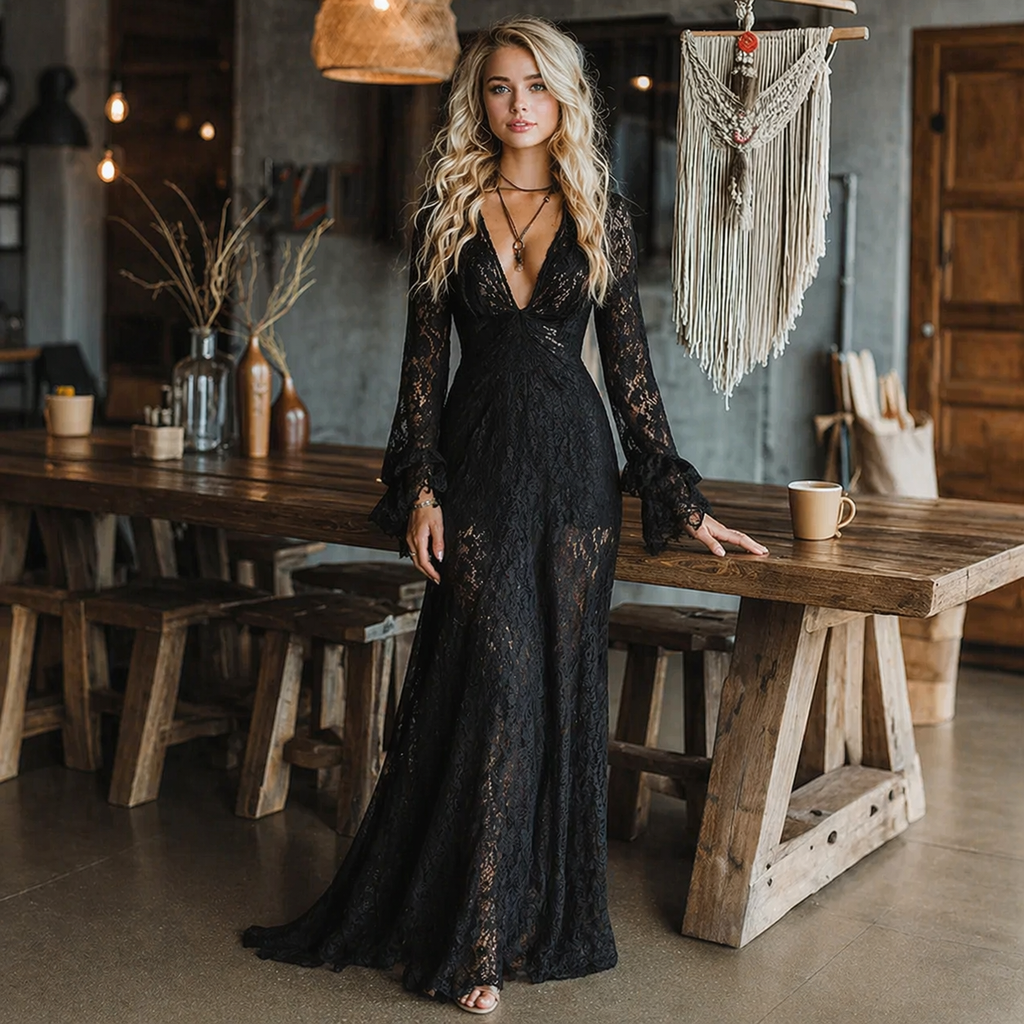 Gothic Black Lace Fitted V-Neck Flared Sleeve Maxi Dress