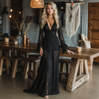 Gothic Black Lace Fitted V-Neck Flared Sleeve Maxi Dress