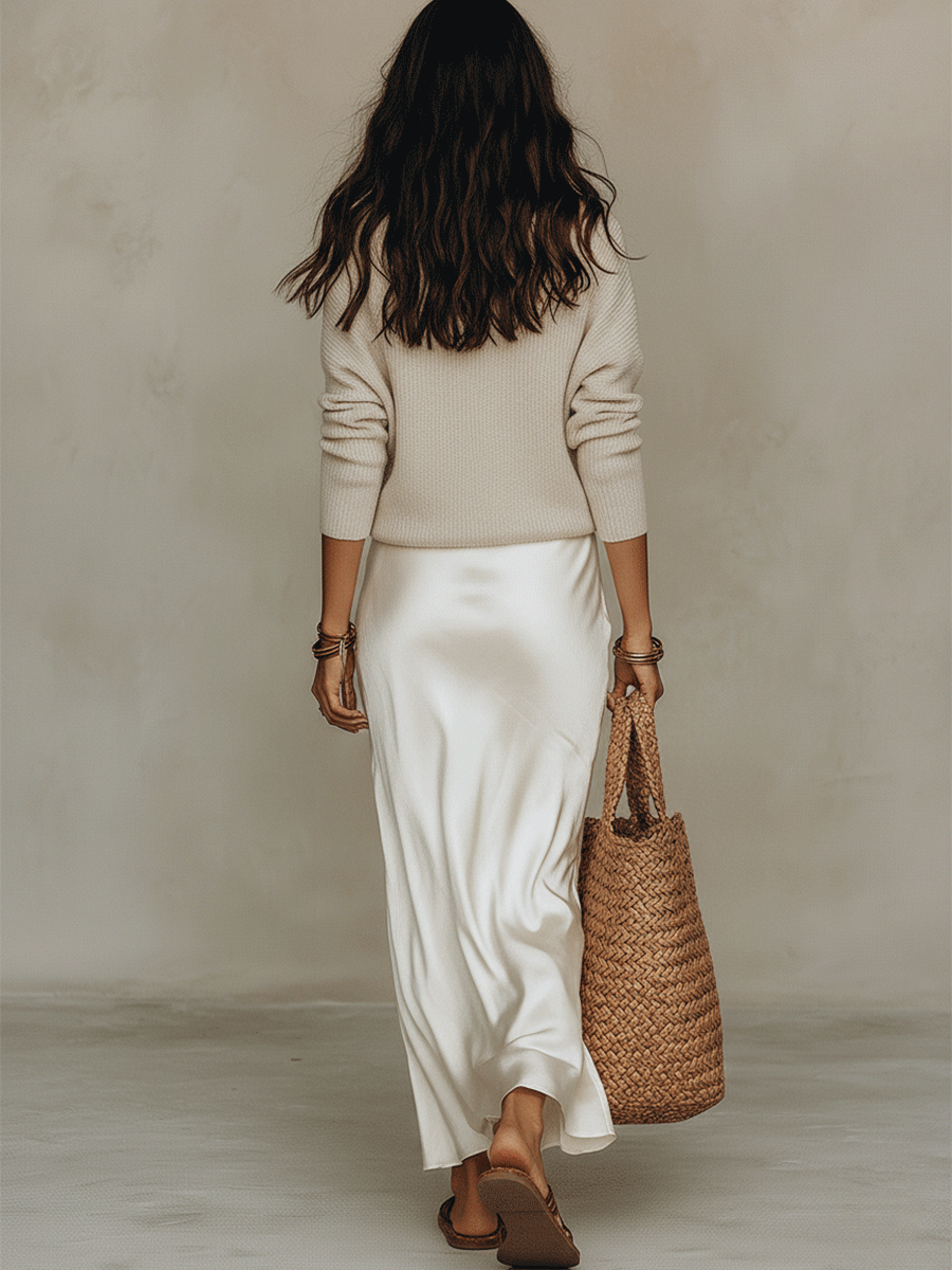 Elegant Knitted Pullover Top and Satin Midi Skirt Set