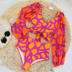 V-Neck Net Yarn Long Sleeves Bikini Swimsuit and Skirt