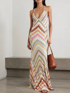 Herringbone Crocheted Print Spaghetti Strap V-neck Camisole Maxi Dress