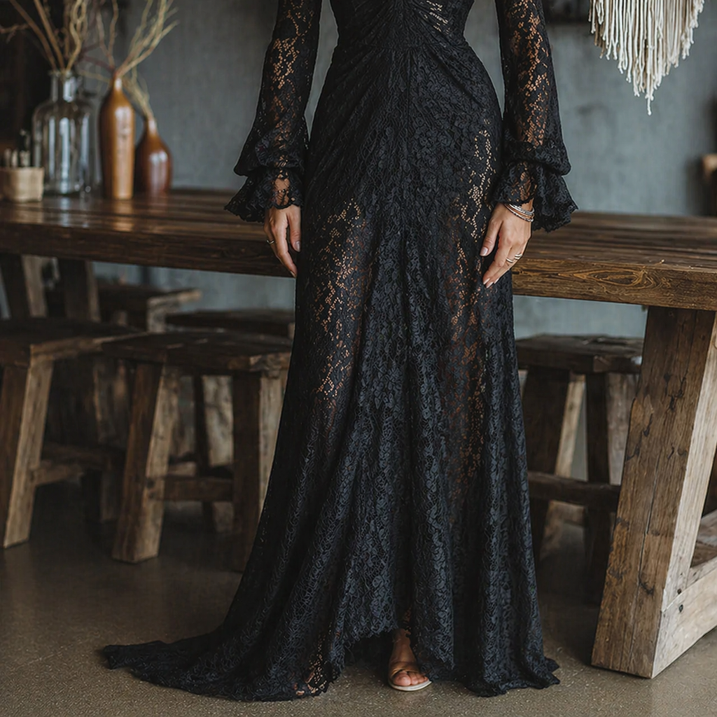 Gothic Black Lace Fitted V-Neck Flared Sleeve Maxi Dress