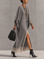 Gray Linen Blend Asymmetrical Sleeve Lace Trim Maxi Dress
