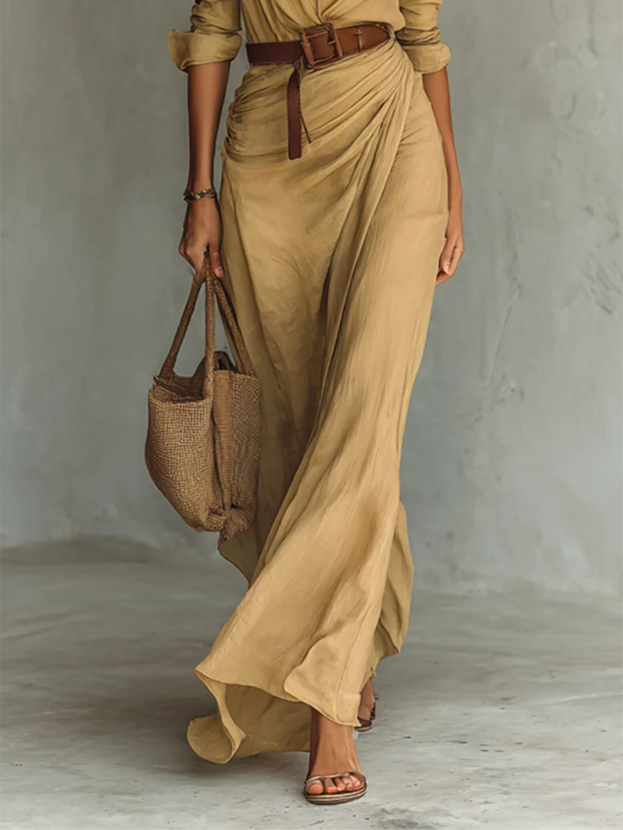 Ladies Lapel Long Sleeve Shirt Belted Maxi Dress