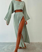 Chic slit cotton and linen casual two-piece set