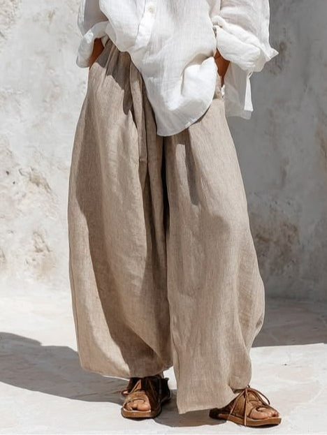 Casual white long-sleeve shirt and khaki trousers set