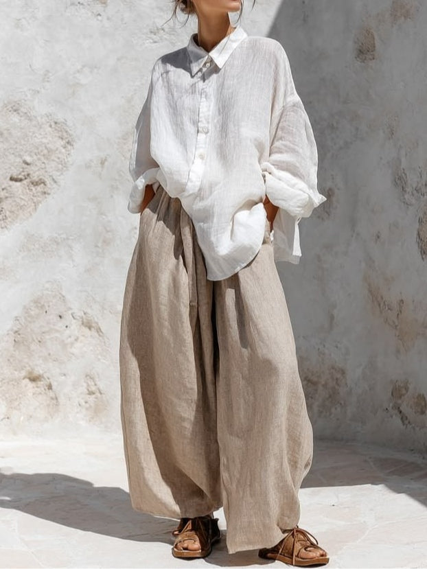 Casual white long-sleeve shirt and khaki trousers set