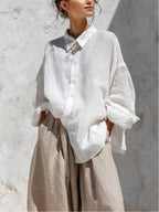 Casual white long-sleeve shirt and khaki trousers set
