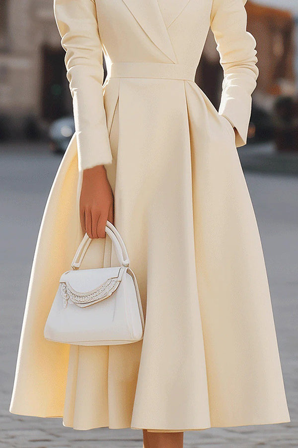 Elegant V-neck Long-sleeved Fitted Waist Midi Dress