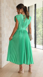Elegant Satin Pleated V-neck Flowing Midi Dress