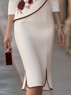 Beige 3D Burgundy Rose Embroidery Midi Dress Round Neck 3/4 Sleeve Fishtail Formal Dress