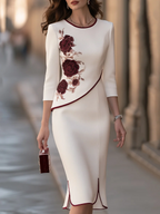Beige 3D Burgundy Rose Embroidery Midi Dress Round Neck 3/4 Sleeve Fishtail Formal Dress