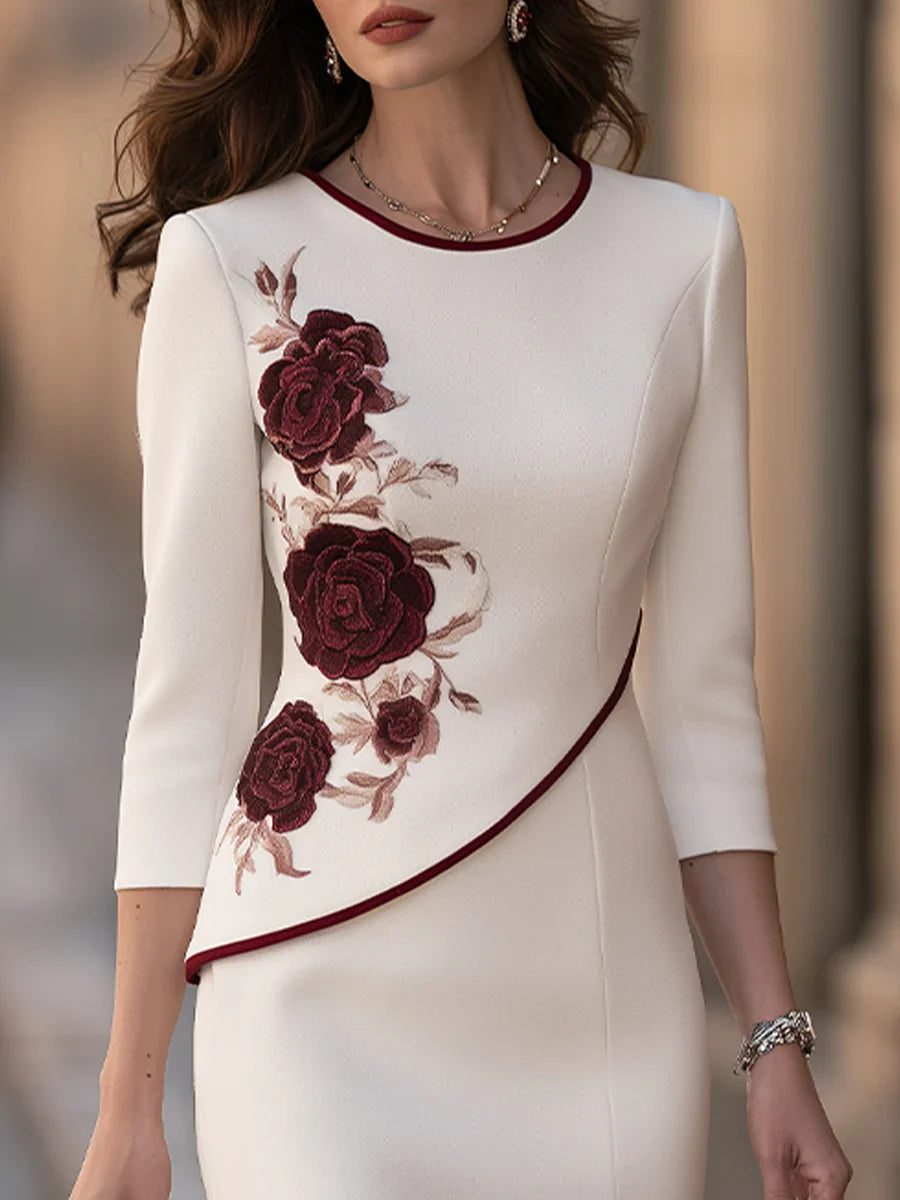 Beige 3D Burgundy Rose Embroidery Midi Dress Round Neck 3/4 Sleeve Fishtail Formal Dress
