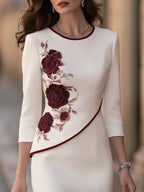 Beige 3D Burgundy Rose Embroidery Midi Dress Round Neck 3/4 Sleeve Fishtail Formal Dress
