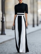 Black White Vertical Stripe Maxi Dress Mock Neck Short Sleeve Wide Striped Formal Gown