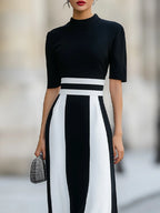 Black White Vertical Stripe Maxi Dress Mock Neck Short Sleeve Wide Striped Formal Gown