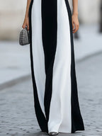 Black White Vertical Stripe Maxi Dress Mock Neck Short Sleeve Wide Striped Formal Gown