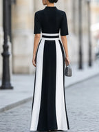 Black White Vertical Stripe Maxi Dress Mock Neck Short Sleeve Wide Striped Formal Gown
