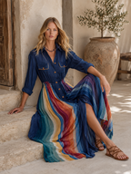 Navy Collar Colorful Rainbow Stripe Maxi Shirt Dress Elastic Waist Split Boho Long Dress