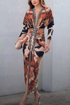 Unique Print Dolman Long Sleeve Ruched Slit Midi Dress