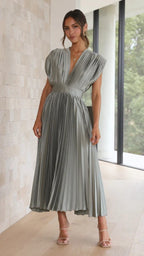 Elegant Satin Pleated V-neck Flowing Midi Dress