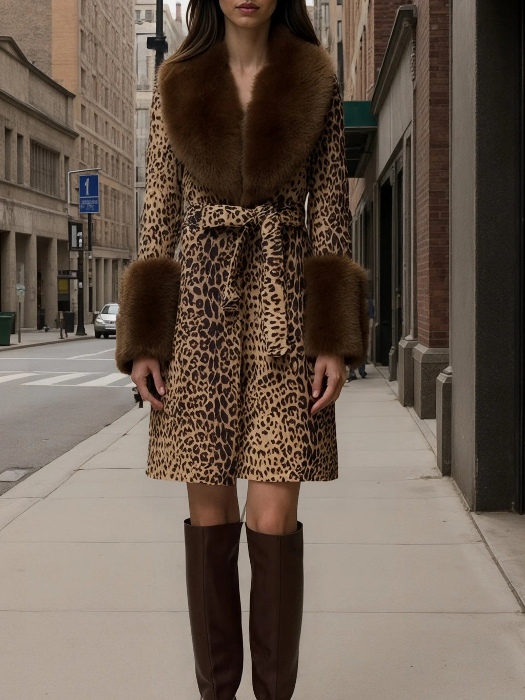 Leopard print patchwork plush coat