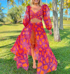 V-Neck Net Yarn Long Sleeves Bikini Swimsuit and Skirt