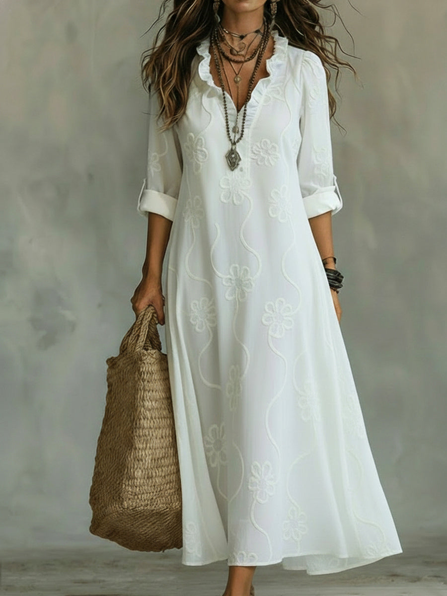 Elegant Floral Print Ruffled Collar Midi Dress